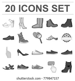 Different shoes monochrome icons in set collection for design. Men's and women's shoes vector symbol stock web illustration.
