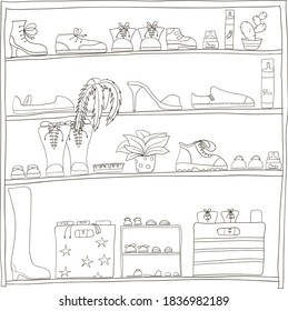Different shoes on shelves. Vector doodle picture.