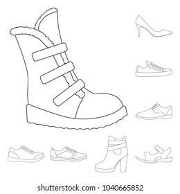 Different shoes outline icons in set collection for design. Men's and women's shoes vector symbol stock web illustration.