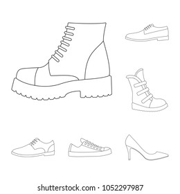 Different shoes outline icons in set collection for design. Men and women shoes vector symbol stock web illustration. Different shoes outline icons in set collection for design. Men and women shoes vector symbol stock web illustration.
