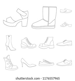 Different shoes outline icons in set collection for design. Men's and women's shoes vector symbol stock web illustration.