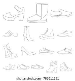Different shoes outline icons in set collection for design. Men's and women's shoes vector symbol stock web illustration.