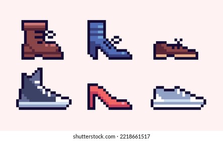 Juego de píxeles de diferentes zapatos. Hombres, calzado femenino, colección de botas. Sprite de 8 bits. Desarrollo de juegos, aplicación móvil.  Ilustración vectorial aislada.