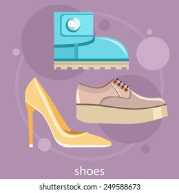 Different shoes. Set of classical women shoe of high heel shoes, boots, flat shoes and sneakers