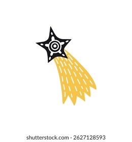 Different shooting stars, heart, circle amd sun with beautiful tails original artwork. Hand drawn star for your design illustration