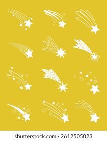 Different shooting white stars with beautiful tails original artwork