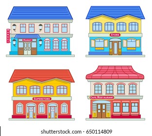 Different shop and store facades. Set of colored market, store, superstore, cafe and restaurant building