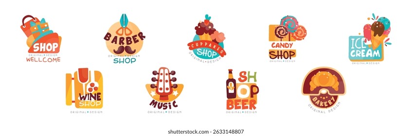 Different Shop and Store Label and Sticker Design Vector Set