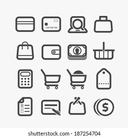 Diferentes ícones de compras definidos com cantos arredondados. Elementos de design
