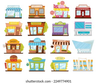 Different Shops and Department Store Facade and Front Exterior Big Vector Set