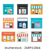 Different shops and stores icons set. Includes books, candy, barber, coffee shop, boutique, bakery, restaurant,  market