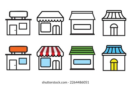 Different shops and stores line icons set. Store shop front window buildings icon collection isolated vector