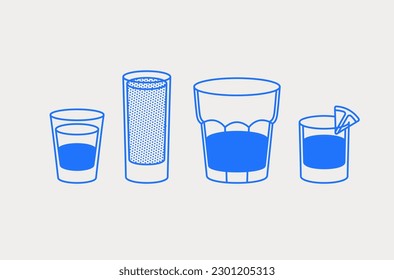 Different short cocktails and alcohol drinks. Line art, retro. Vector illustration for bars, cafes, and restaurants.