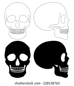 Different Side And Style Human Skull Isolated Set, Simple Outline And Silhouette Style