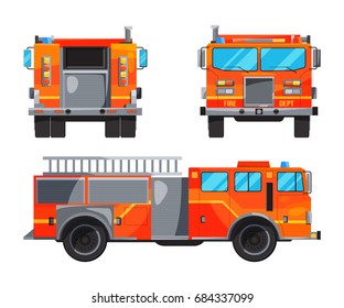 Different sides of fire truck. Specific professional car for fireman