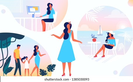 Different Sides of Womens Life. Family, Career, Leisure. Femininity, Independence, Separation, Diversity of Duties and Roles of Modern Girl. Mother, Employee, Tourist. Cartoon Flat Vector Illustration