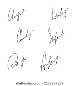 Different signature, autograph isolated on a white background, hand-written in cursive, vector. Decorative abstract element for signing, document design. Handwritten fake surname in words, set, doodle