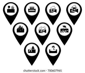 Different signs of architecture and relaxation on a white background