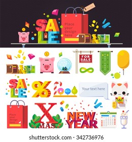 Different signs and lettering: new year, xmas, christmas, flag, sale, percent sign, candy, apple, pear, money, coins, retail. Stock flat vector illustration set. 