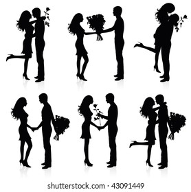 Different silhouettes of couples with flowers.