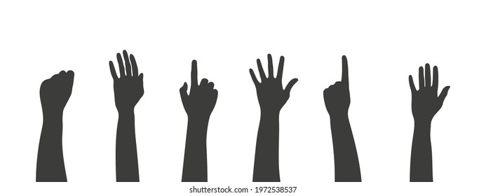 Different silhouettes hands. Black human hands. Arms and hands raised. Vector illustration