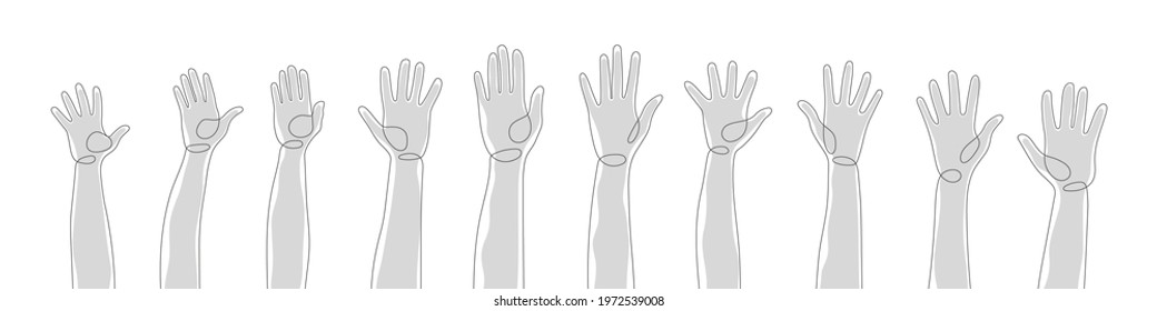 Different silhouettes hands. One line human hands. Arms and hands raised. Vector illustration