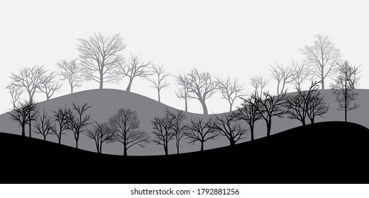 different silhouettes of landscape with trees.