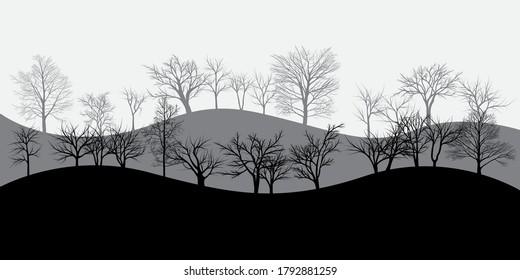 different silhouettes of landscape with trees.