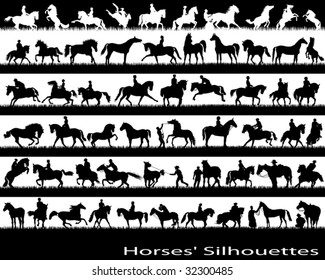 Different silhouettes of moving horses