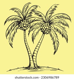 Different silhouettes of palm trees with coconuts isolated on white background, exotic plant with a powerful trunk and large leaves.