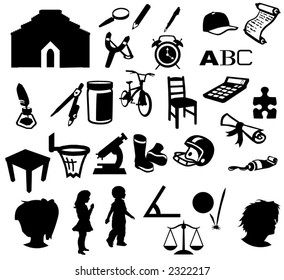 Different silhouettes of school objects and related