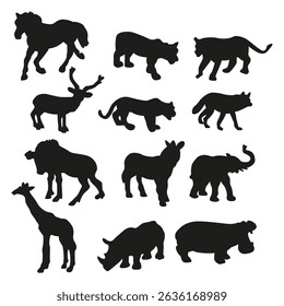 Diferentes silhuetas de um animal selvagem isolado em um fundo branco. Coleção de silhuetas de animais selvagens
