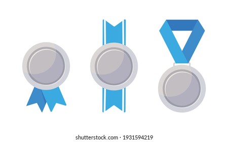 Different silver medals isolated on white backgorund. Trophy with blue ribbon. Flat style. Vector stock