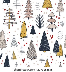 different simple Christmas trees on a white background. simple blue and yellow pattern in scandi style