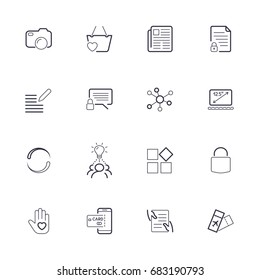 Diferentes iconos simples para web, sitios, aplicación. Iconos con línea delgada: cámara, periódico, tiket, atm, tarjeta, bloqueo, laptop, comentario, contrato. Trazo editable