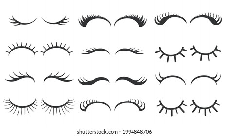 Different simple styles of eyelashes vector illustrations set. Closed girly eyes, mascara for girls isolated on white background. Beauty, makeup, cosmetology concept