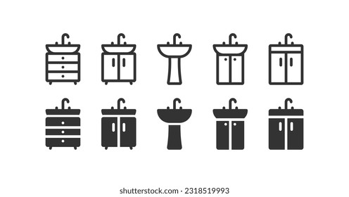 Different sink icon set. Bathroom symbol. Water, flow, kitchen, washbasin, wasing. Outline and flat style. Flat design. Vector illustration.