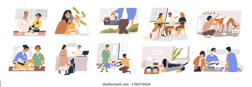 Different situation of pets life set vector flat illustration. Owners with their domestic animals - vaccination, vet passport, rehabilitation, sterilization, carrying and washing isolated on white