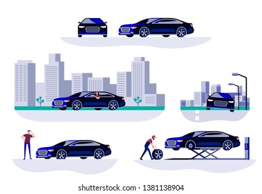 Different situations with the car. Tire break, tire repair. Car view in city. 
Male car driver. Tire fitting. Wheel installation. Auto service. Mechanic repairs car. Concept vector illustration