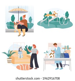 Different situations in life of pets concept scenes set. Owner takes photo, dog sits under umbrella, visit vet clinic. Collection of people activities. Vector illustration of characters in flat design