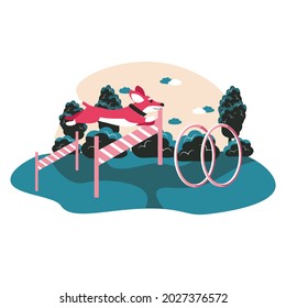 Different situations in the life of pets scene concept. Dog jumping over obstacles or hoop. Puppy outdoor training, pet care, people activities. Vector illustration of characters in flat design