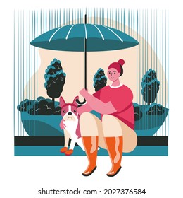 Different situations in the life of pets scene concept. Woman and dog sit under umbrella in rain. Outdoor walking, pet care, people activities. Vector illustration of characters in flat design