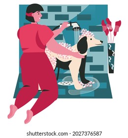 Diferentes situaciones en la vida del concepto de escena de mascotas. La propietaria lava a su perro con una ducha de espuma. El cuidado de animales y de mascotas, actividades de la gente. Ilustración vectorial de caracteres en diseño plano