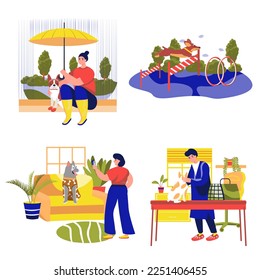 Different situations in the life of pets set concept with people scene in the flat cartoon design. People care about the lives of their pets. Vector illustration.