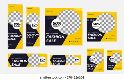 Colección de plantillas de banner de diferente tamaño. Pancarta de presentación, banner web y de mesa, banner de medios sociales y diseño de afiches. Diseño de paquete.