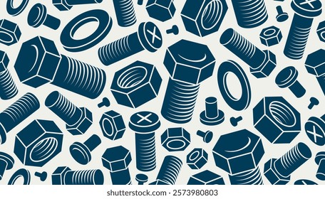 Different size bolts and nuts seamless background, vector repair and maintenance endless wallpaper, fix service workshop, elements easy to use separately.