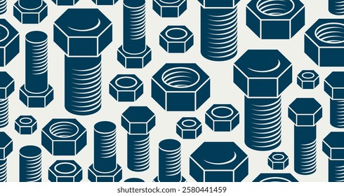 Different size bolts and nuts seamless background, vector repair and maintenance endless wallpaper, fix service workshop, elements easy to use separately.