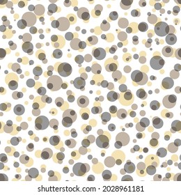 Unterschiedliche Größenkombinationen auf weißem Hintergrund. Abstraktes, nahtloses Muster mit bunten, grauen, beigen und gelben Bälle. Überlappen bunter Punktmuster für den Hintergrund abstrakt.Polka Punkte Ornament.
