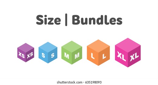 Different size bundle icons set. Literal measurement symbol vector illustration. Labels from extra small to extra large.