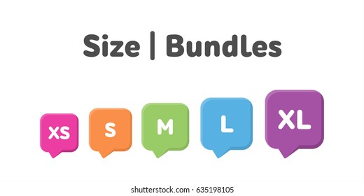 Different size bundle icons set. Literal measurement symbol vector illustration. Labels from extra small to extra large.